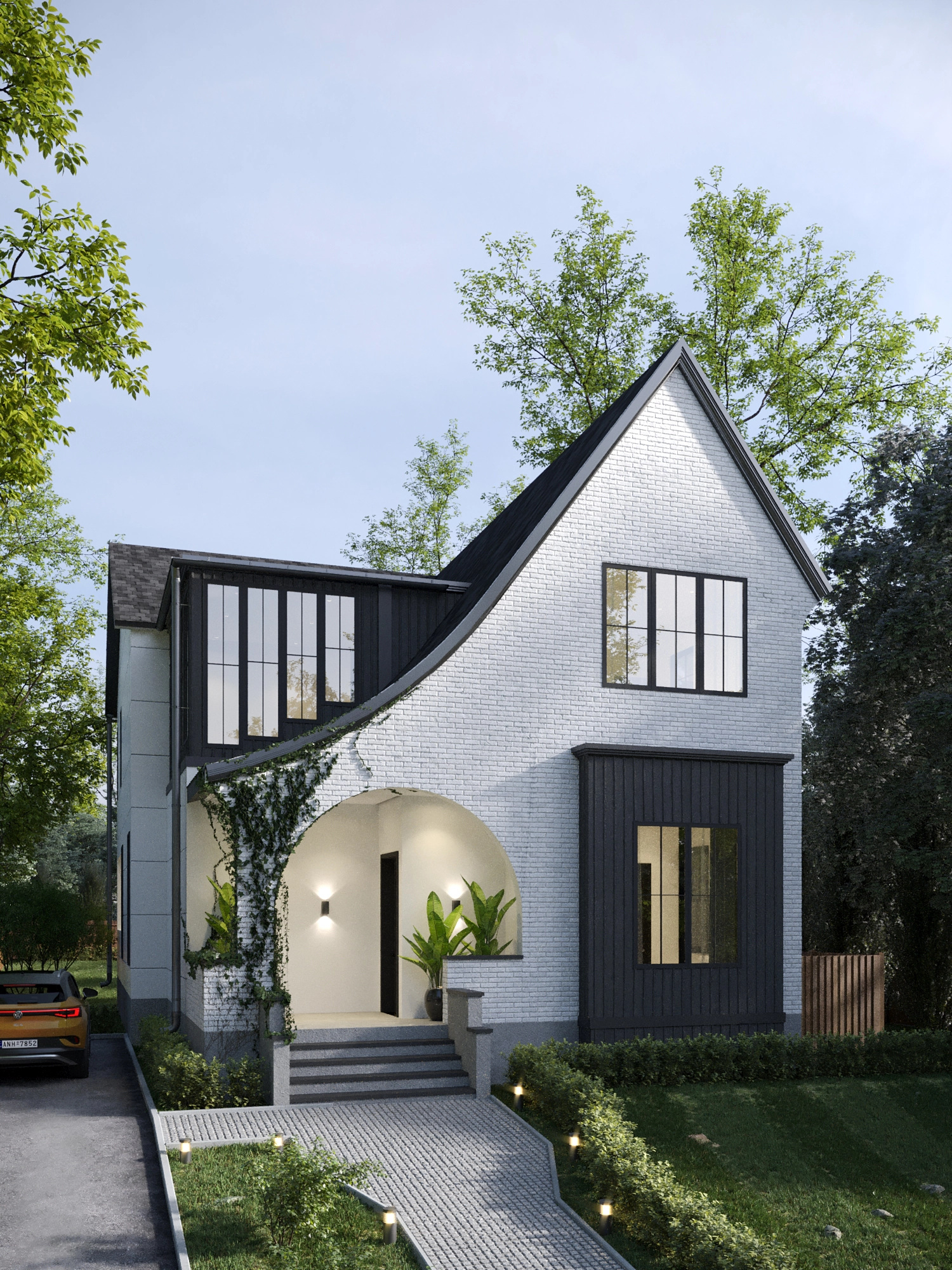 Modern house exterior visualization with a curved entrance